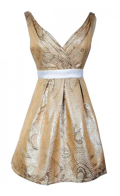 Cream and Gold Metallic Dot Print Designer Party Dress by Minuet